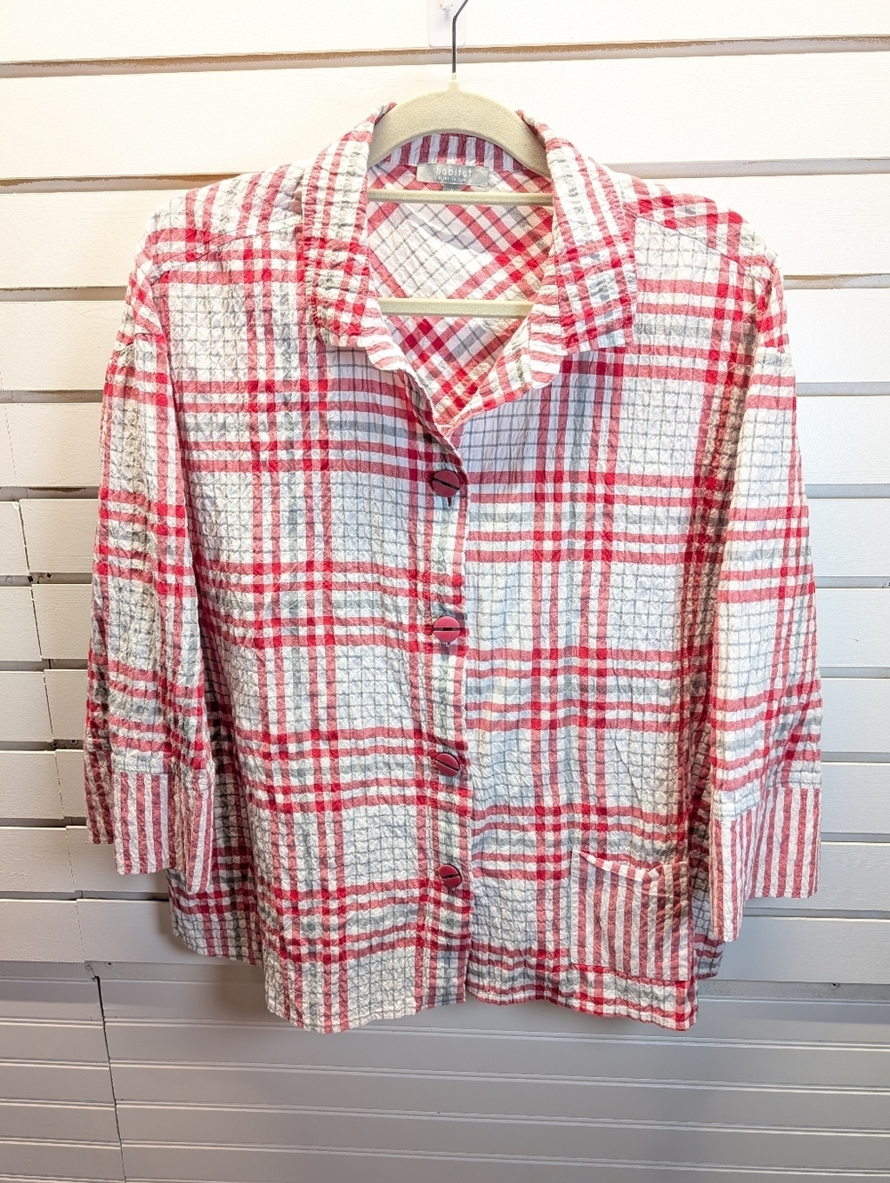 Habitat Red/Gray Plaid Crinkle Button-Up Tunic Size Large Lagenlook EUC - Picture 2 of 9